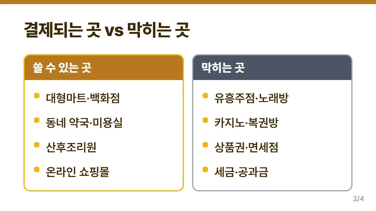 첫만남이용권 국민행복카드 사용처와 유흥·상품권·공과금 같은 제외업종 비교