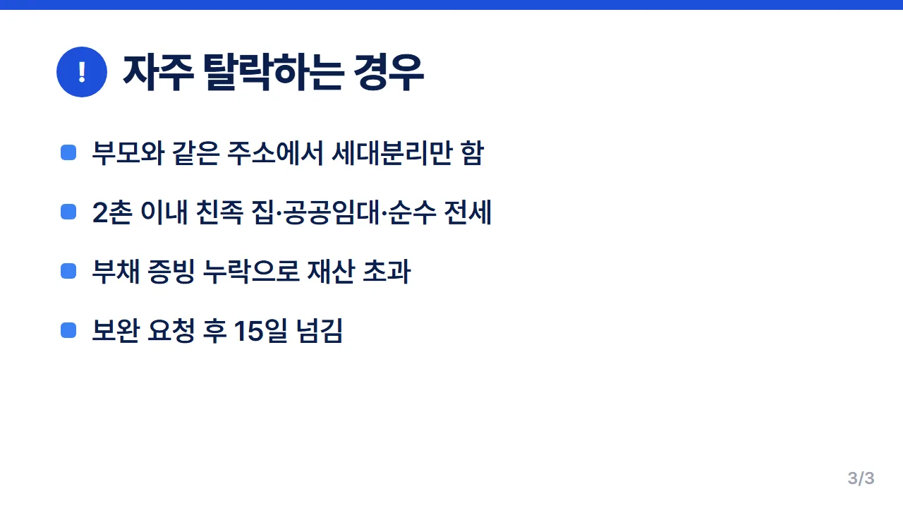 청년월세 지원 탈락 사유 세대분리·친족 집·부채 증빙 누락·보완 15일 경과